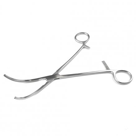 Затискач по POTTS / GLOVER атравматичний, кровоспинний, зігнутий, для анамостоза. Довжина 21,0 см